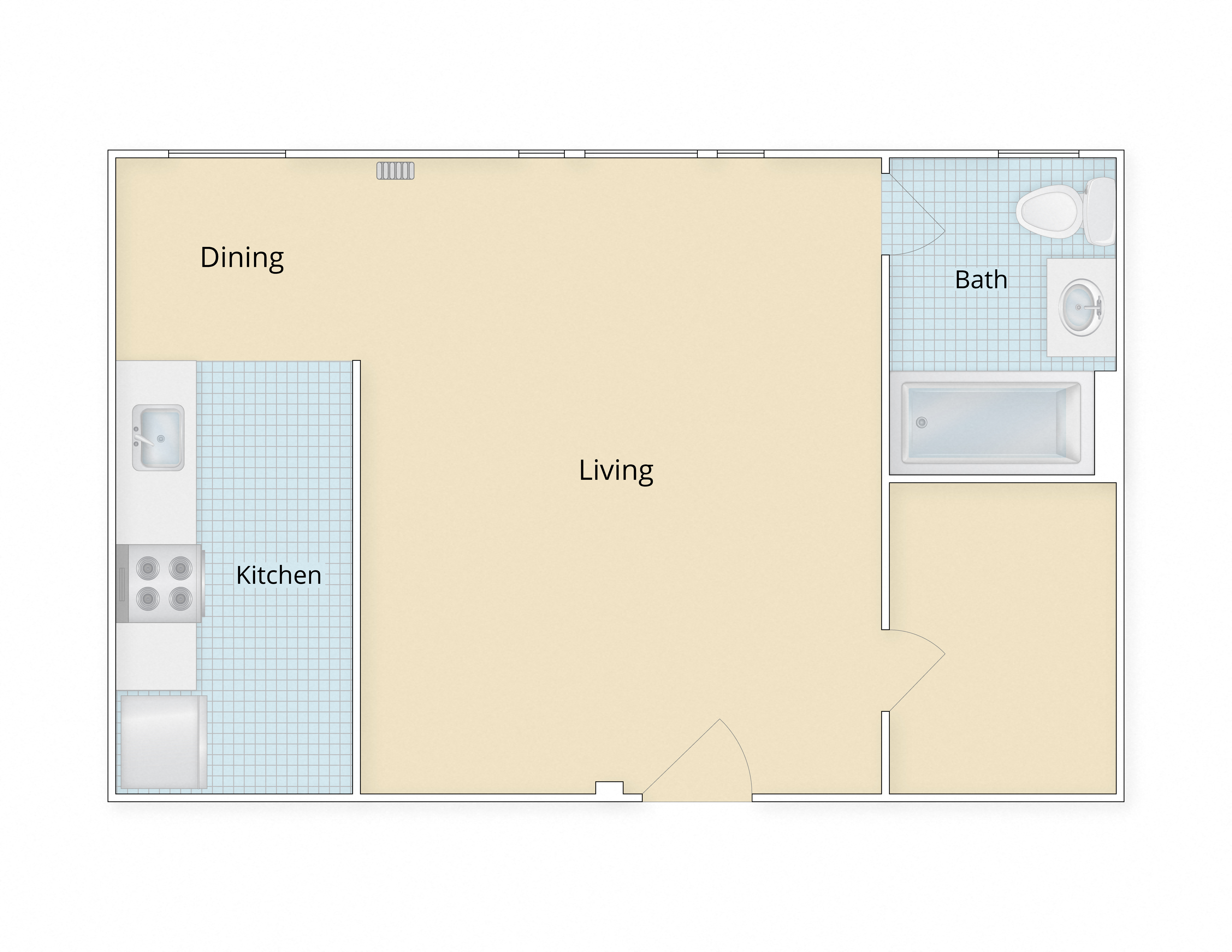 Floor plan for studio, 1 bath, 394 sqft
